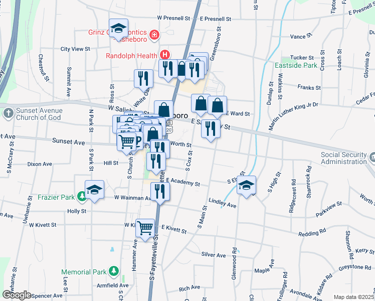 map of restaurants, bars, coffee shops, grocery stores, and more near 170 Worth Street in Asheboro