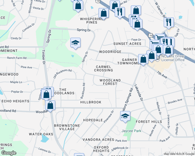 map of restaurants, bars, coffee shops, grocery stores, and more near 1706 Spring Drive in Garner