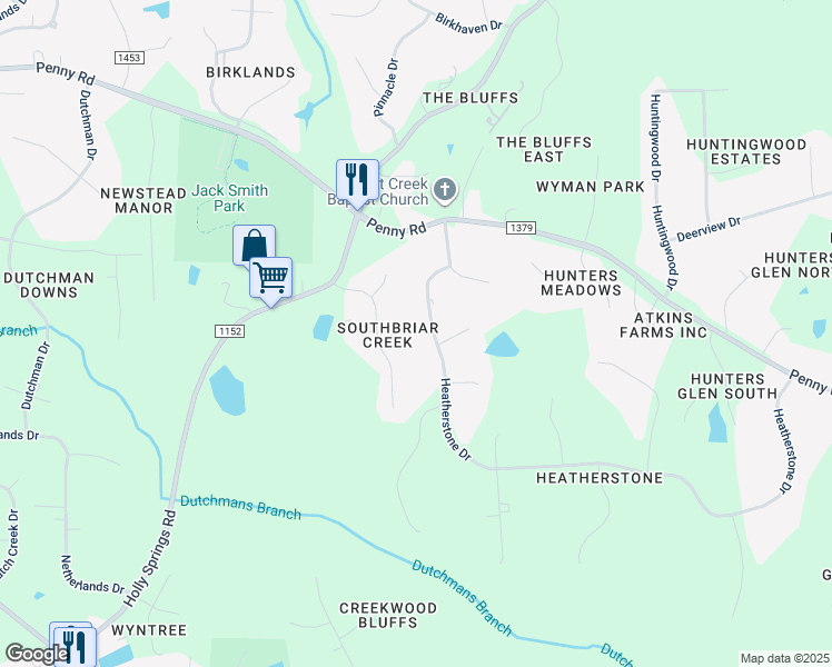 map of restaurants, bars, coffee shops, grocery stores, and more near 6205 Heatherstone Drive in Raleigh