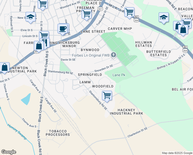 map of restaurants, bars, coffee shops, grocery stores, and more near 1703-B Augusta Circle Southeast in Wilson
