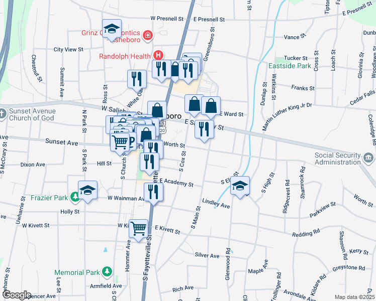 map of restaurants, bars, coffee shops, grocery stores, and more near 170 Worth Street in Asheboro