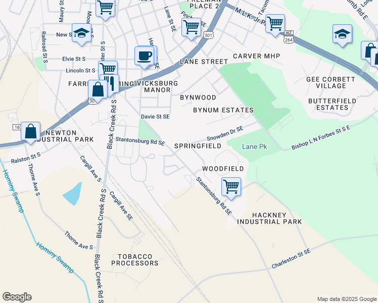 map of restaurants, bars, coffee shops, grocery stores, and more near 1702 Birchwood Drive Southeast in Wilson