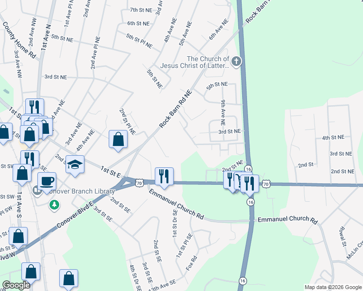 map of restaurants, bars, coffee shops, grocery stores, and more near in Conover