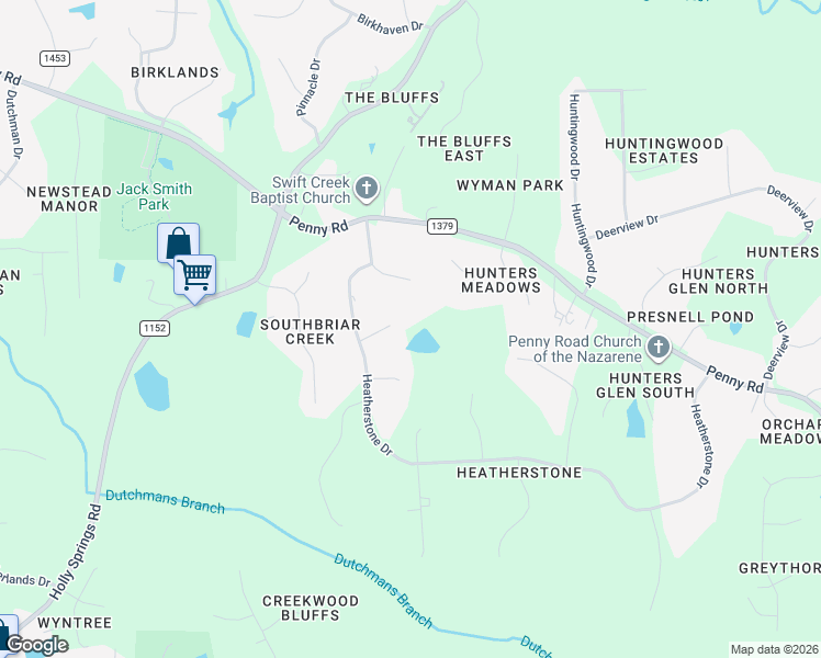 map of restaurants, bars, coffee shops, grocery stores, and more near 6000 Atkins Farm Court in Raleigh