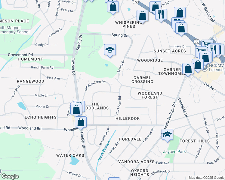 map of restaurants, bars, coffee shops, grocery stores, and more near 1904 Ford Gates Drive in Garner