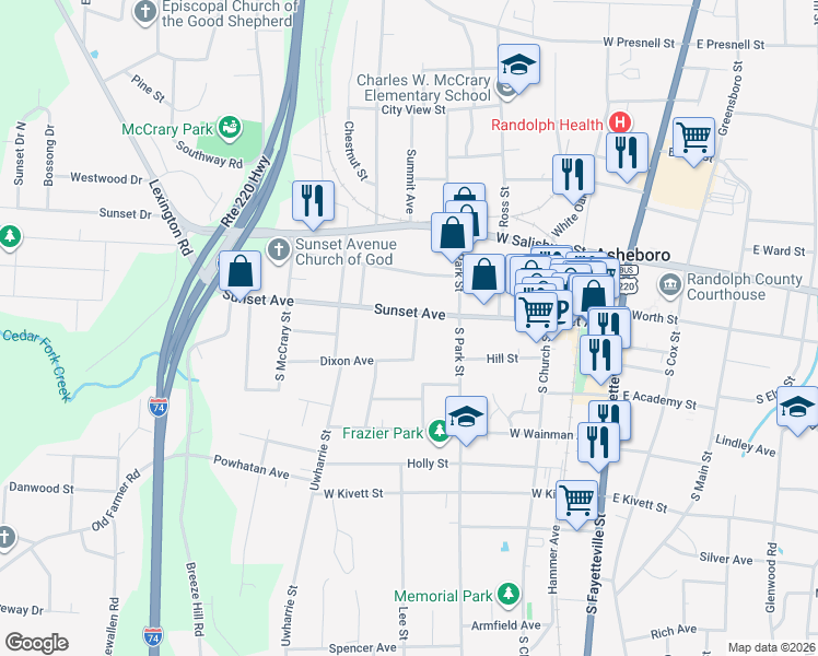 map of restaurants, bars, coffee shops, grocery stores, and more near 605 Sunset Avenue in Asheboro