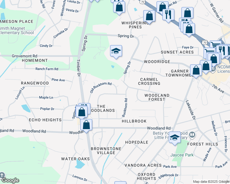 map of restaurants, bars, coffee shops, grocery stores, and more near 2000 Ford Gates Drive in Garner