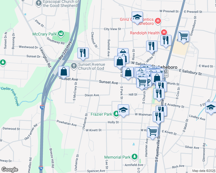 map of restaurants, bars, coffee shops, grocery stores, and more near 605 Sunset Avenue in Asheboro