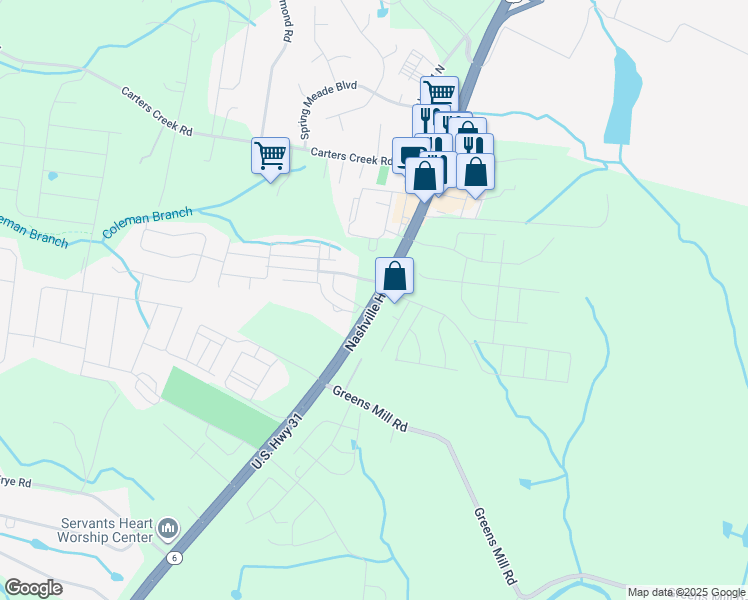 map of restaurants, bars, coffee shops, grocery stores, and more near 2475 Nashville Highway in Columbia