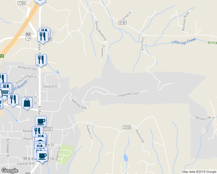 map of restaurants, bars, coffee shops, grocery stores, and more near 97 Perrion Avenue in Weaverville