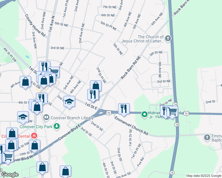 map of restaurants, bars, coffee shops, grocery stores, and more near 201 Rock Barn Road Northeast in Conover