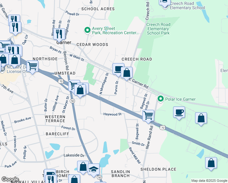 map of restaurants, bars, coffee shops, grocery stores, and more near 116 Purvis Street in Garner