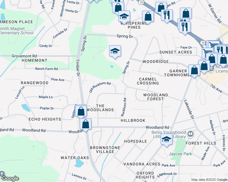 map of restaurants, bars, coffee shops, grocery stores, and more near 2000 Ford Gates Drive in Garner