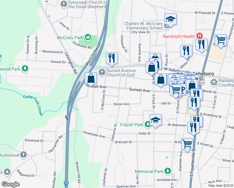 map of restaurants, bars, coffee shops, grocery stores, and more near 110S South Cherry Street in Asheboro