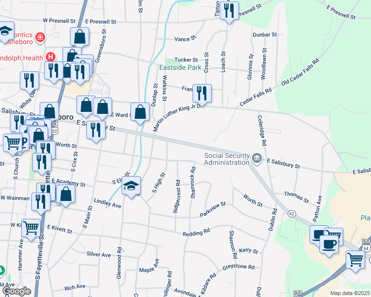 map of restaurants, bars, coffee shops, grocery stores, and more near 616 East Salisbury Street in Asheboro