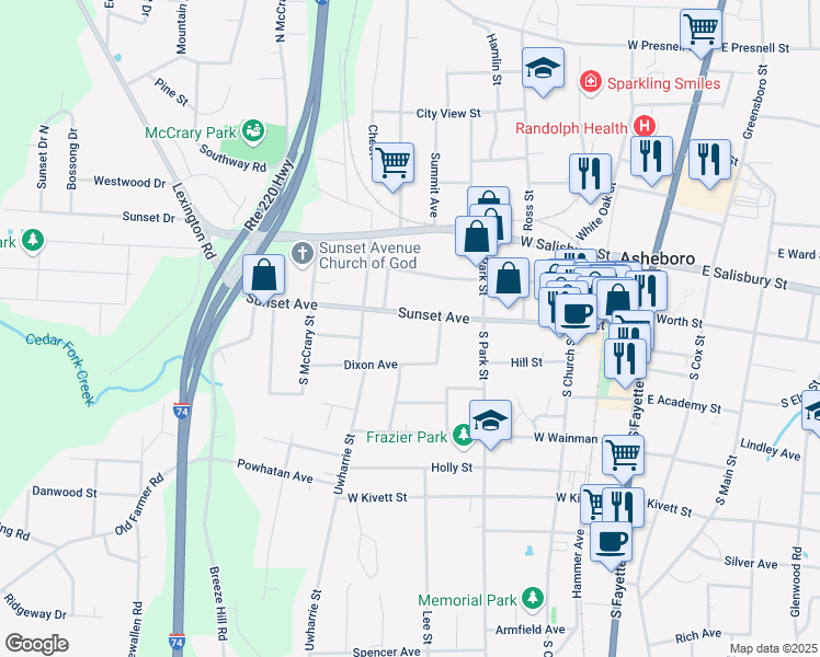 map of restaurants, bars, coffee shops, grocery stores, and more near 711 Sunset Avenue in Asheboro