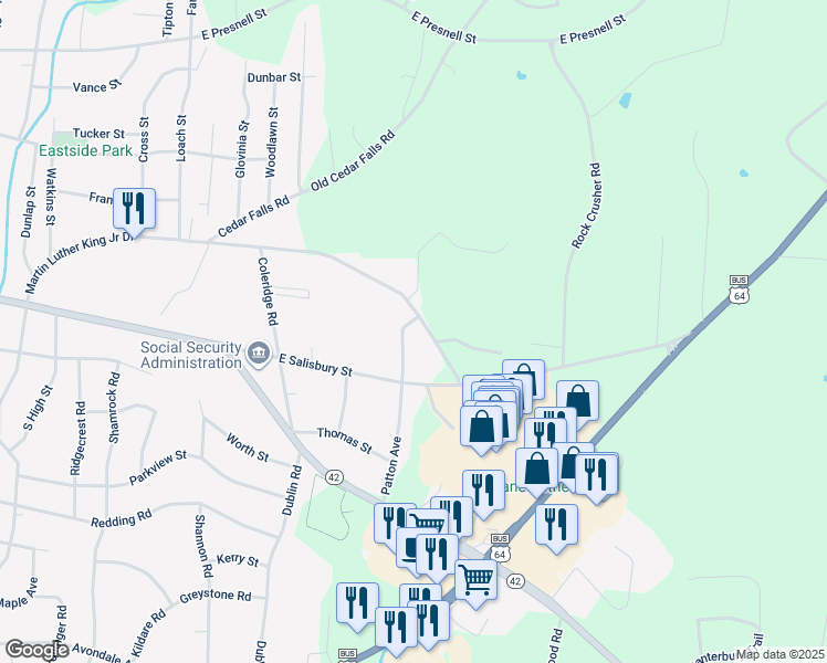 map of restaurants, bars, coffee shops, grocery stores, and more near 479 Patton Avenue in Asheboro