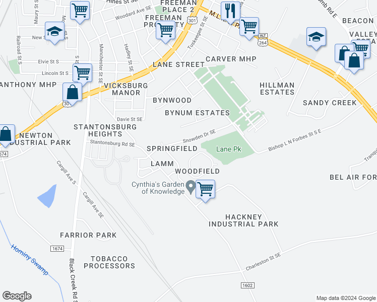 map of restaurants, bars, coffee shops, grocery stores, and more near 1703-B Augusta Circle Southeast in Wilson