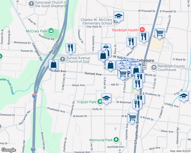 map of restaurants, bars, coffee shops, grocery stores, and more near 605 Sunset Avenue in Asheboro