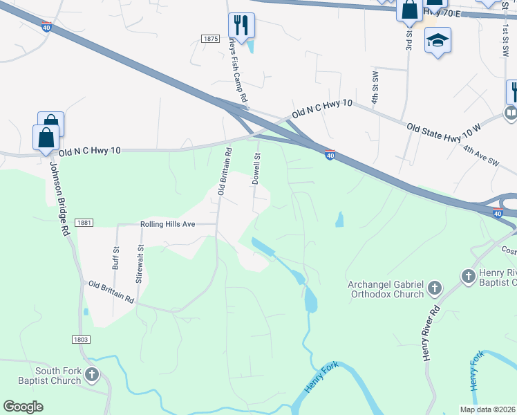 map of restaurants, bars, coffee shops, grocery stores, and more near 3901 Dowell Street in Hickory