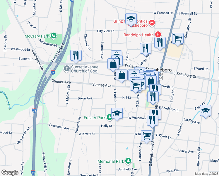 map of restaurants, bars, coffee shops, grocery stores, and more near 509 Sunset Ave in Asheboro