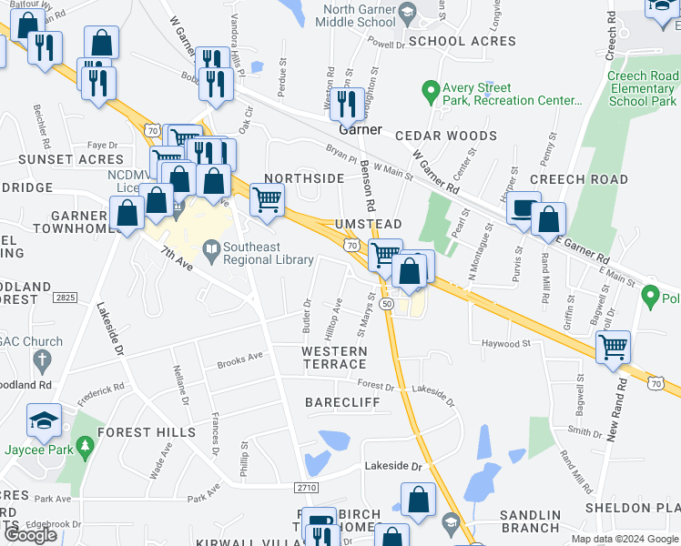 map of restaurants, bars, coffee shops, grocery stores, and more near 402 Hilltop Avenue in Garner