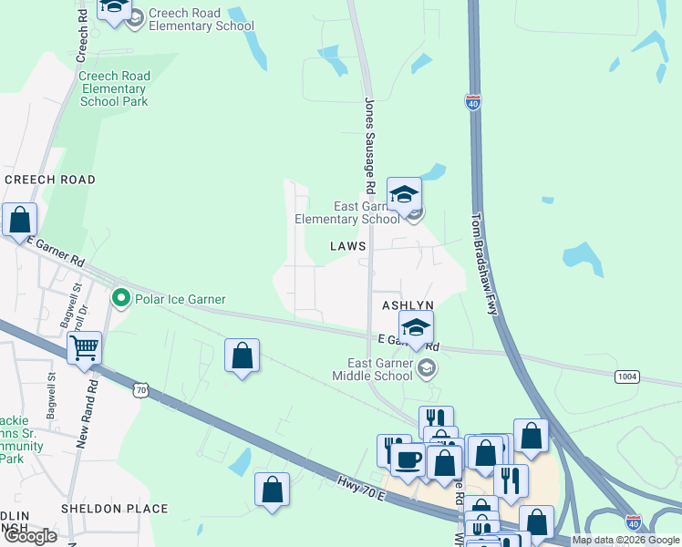 map of restaurants, bars, coffee shops, grocery stores, and more near 5708 Jones Sausage Road in Garner