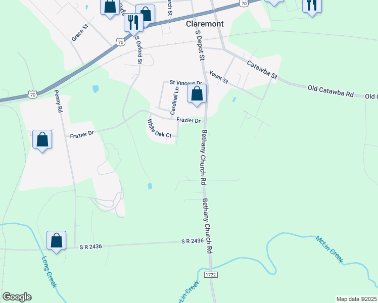 map of restaurants, bars, coffee shops, grocery stores, and more near 4361 Bethany Church Road in Claremont