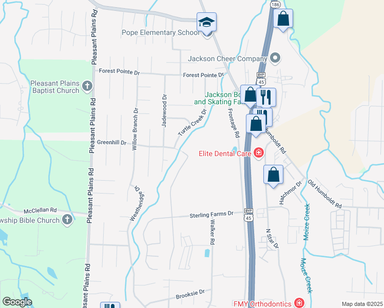 map of restaurants, bars, coffee shops, grocery stores, and more near 197 Greenhill Drive in Jackson