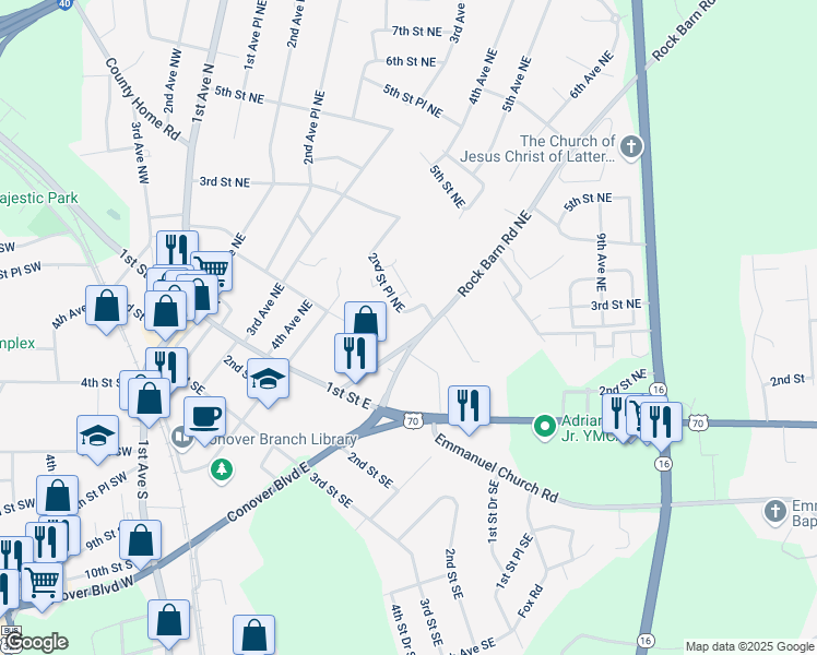 map of restaurants, bars, coffee shops, grocery stores, and more near 201 Rock Barn Road Northeast in Conover