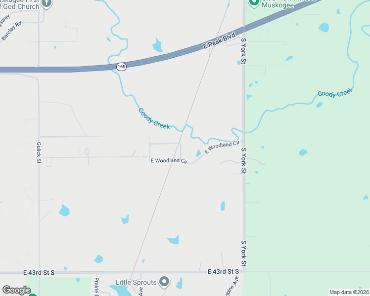 map of restaurants, bars, coffee shops, grocery stores, and more near 1808 East Woodland Circle in Muskogee