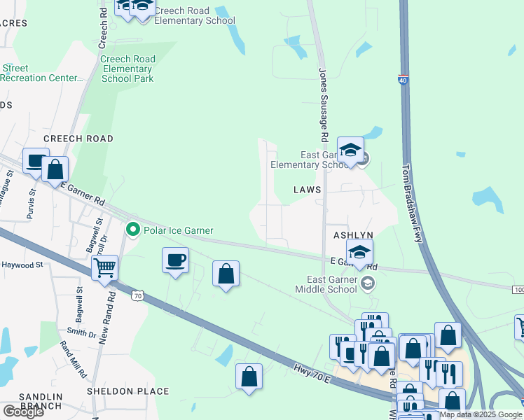 map of restaurants, bars, coffee shops, grocery stores, and more near in Garner