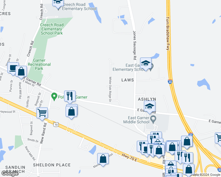 map of restaurants, bars, coffee shops, grocery stores, and more near 300 White Oak Ridge Drive in Garner