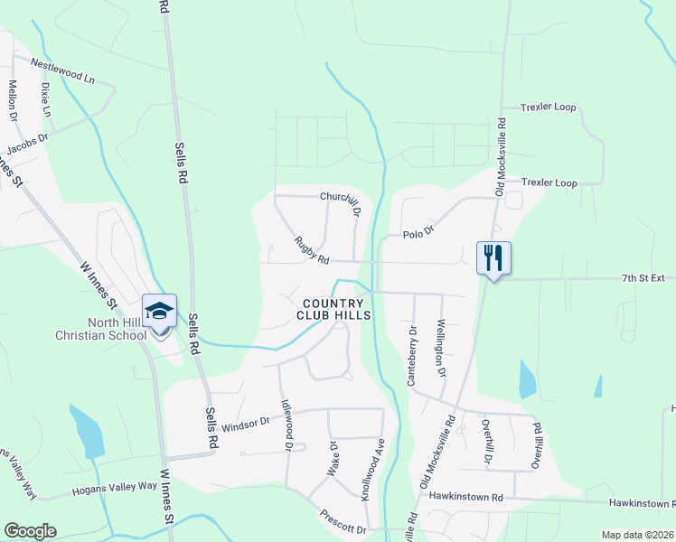 map of restaurants, bars, coffee shops, grocery stores, and more near 305 Rugby Road in Salisbury