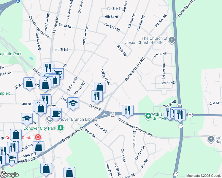 map of restaurants, bars, coffee shops, grocery stores, and more near 201 Rock Barn Road Northeast in Conover