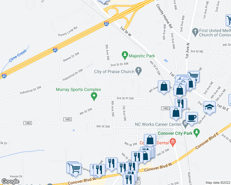 map of restaurants, bars, coffee shops, grocery stores, and more near 206 7th Avenue Southwest in Conover