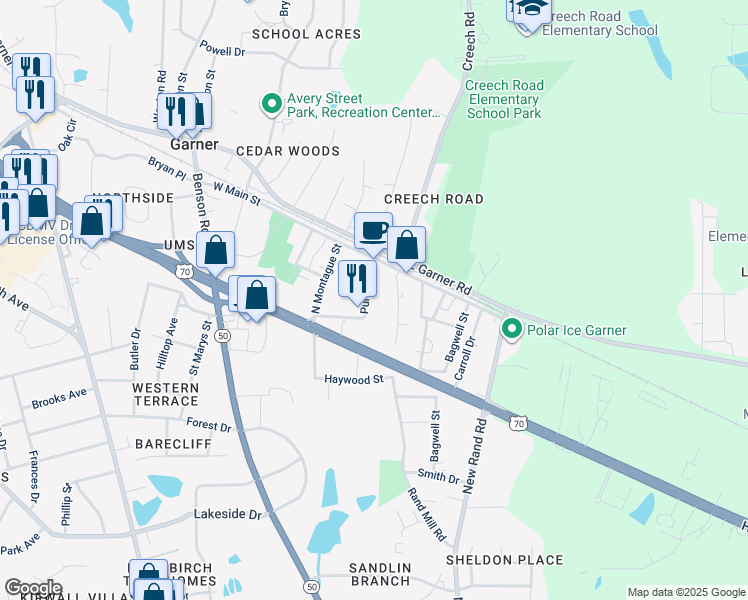 map of restaurants, bars, coffee shops, grocery stores, and more near 113 Purvis Street in Garner