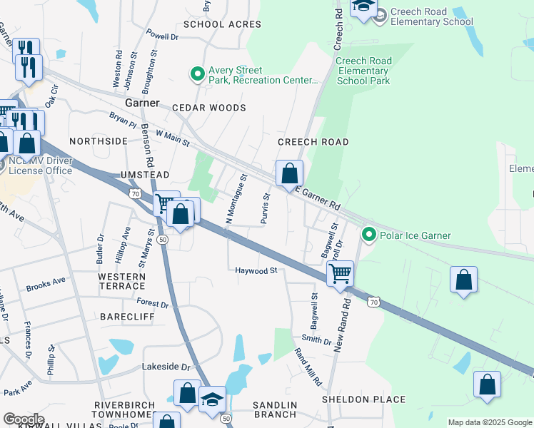 map of restaurants, bars, coffee shops, grocery stores, and more near 113 Purvis Street in Garner