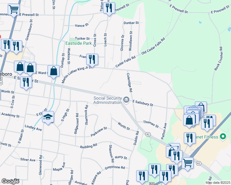 map of restaurants, bars, coffee shops, grocery stores, and more near 853 East Salisbury Street in Asheboro