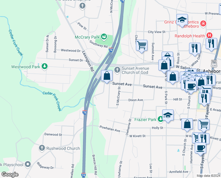 map of restaurants, bars, coffee shops, grocery stores, and more near 121 Spring Garden Street in Asheboro