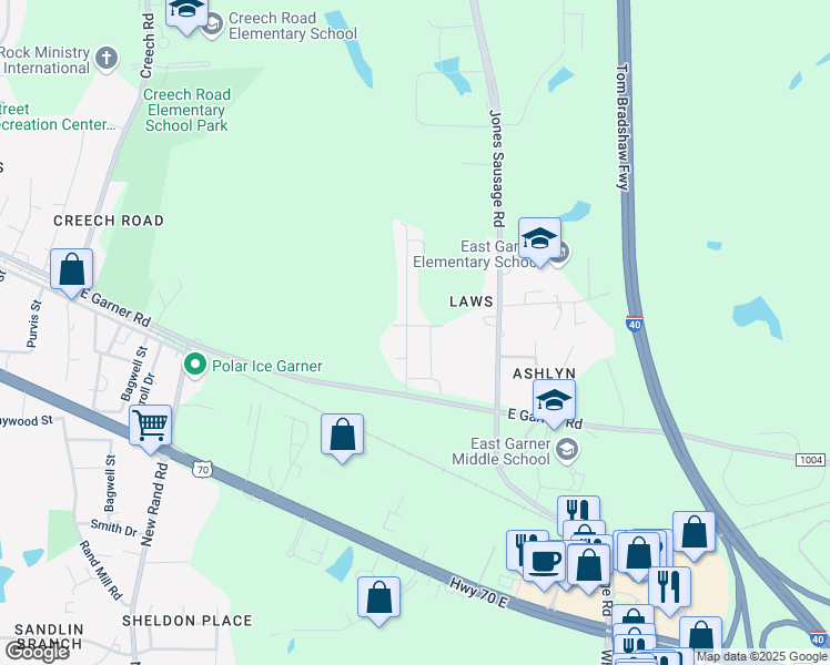 map of restaurants, bars, coffee shops, grocery stores, and more near 290 White Oak Ridge Drive in Garner
