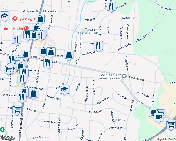 map of restaurants, bars, coffee shops, grocery stores, and more near 616 East Salisbury Street in Asheboro