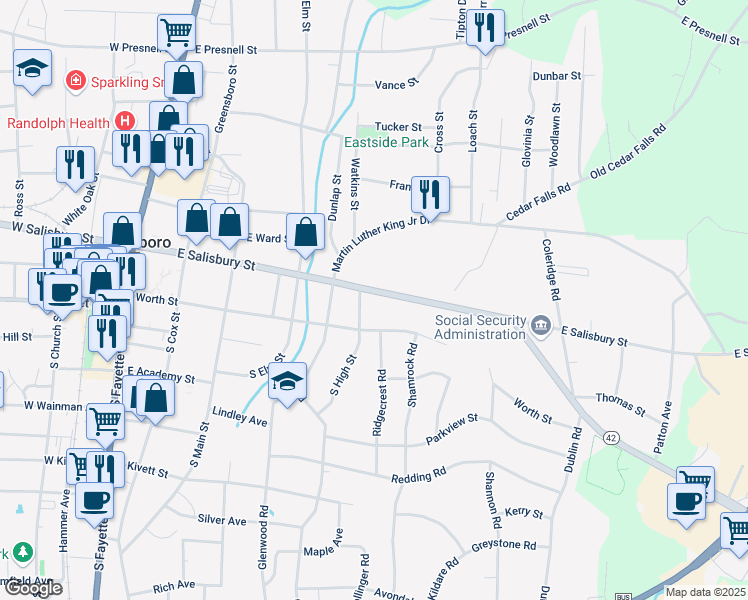 map of restaurants, bars, coffee shops, grocery stores, and more near 616 East Salisbury Street in Asheboro