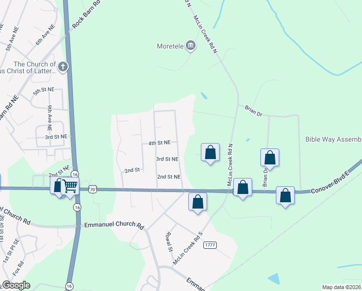 map of restaurants, bars, coffee shops, grocery stores, and more near 304 Parlier Avenue in Conover