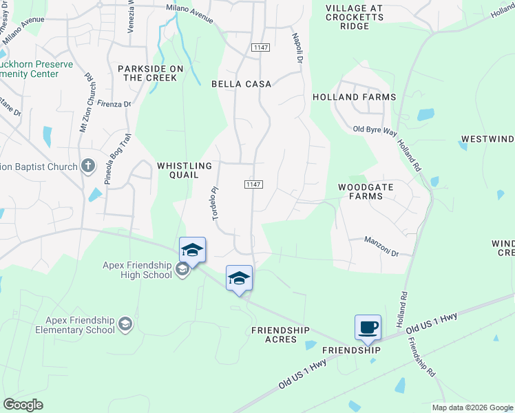 map of restaurants, bars, coffee shops, grocery stores, and more near 2132 Amalfi Place in Apex