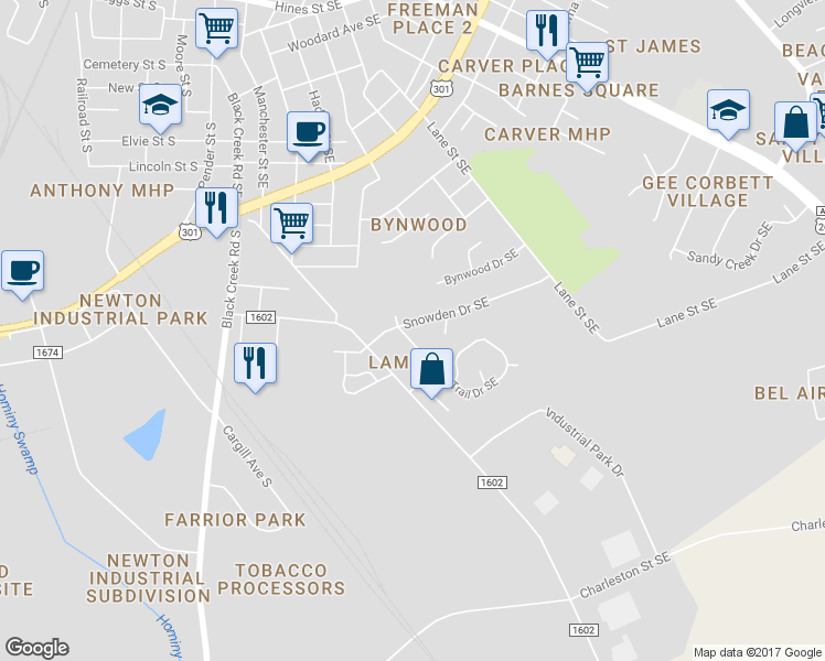 map of restaurants, bars, coffee shops, grocery stores, and more near 1701 Birchwood Drive Southeast in Wilson