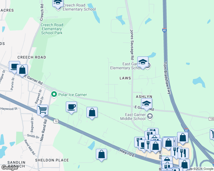 map of restaurants, bars, coffee shops, grocery stores, and more near 290 White Oak Ridge Drive in Garner
