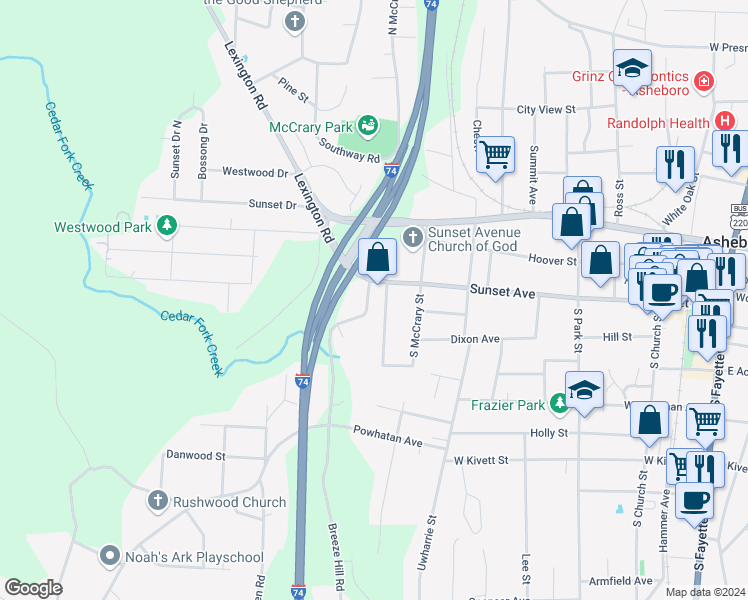 map of restaurants, bars, coffee shops, grocery stores, and more near 121 Spring Garden Street in Asheboro