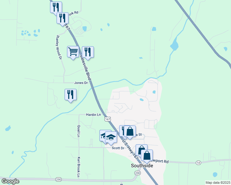 map of restaurants, bars, coffee shops, grocery stores, and more near 38 Pebble Creek Circle in Batesville