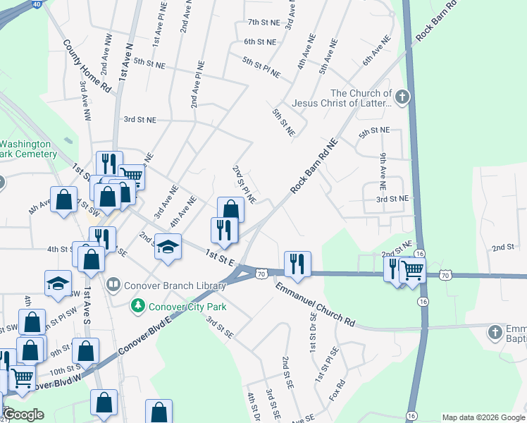 map of restaurants, bars, coffee shops, grocery stores, and more near 201 Rock Barn Road Northeast in Conover
